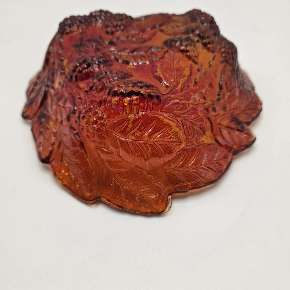 Vintage Amber‎ Pressed Glass Blackberry Leaf Dish Fall Harvest Cottagecore Decor